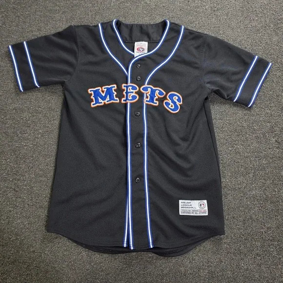 True Fan Mets Baseball Jersey Kids Large 12-14 Black MLB Button Black Blue