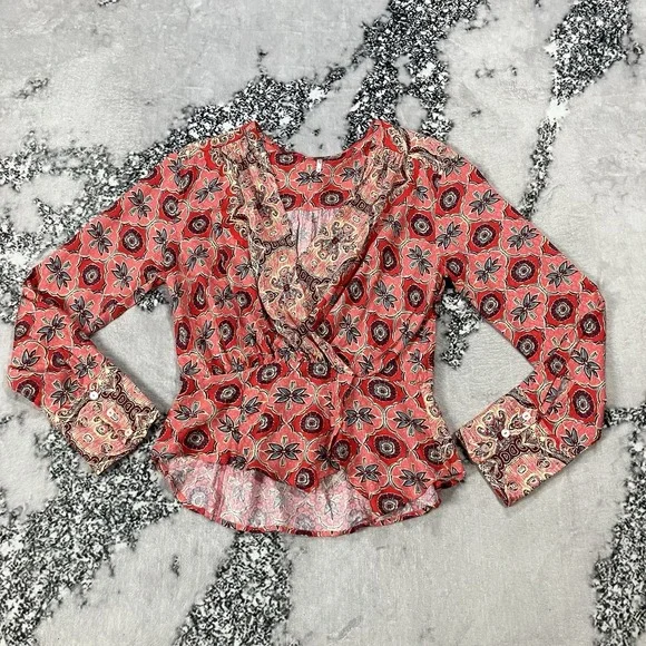 Free People Boho Wrap Top Red‎ Medallion Print Bell Sleeve Blouse Womens Small