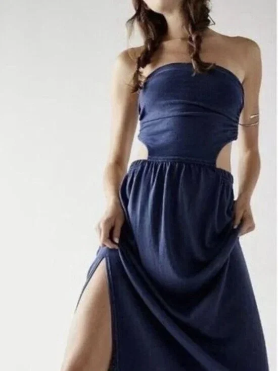 Free People Trangelica Strapless Maxi Dress Ruching Front Cutout Side Blue Small