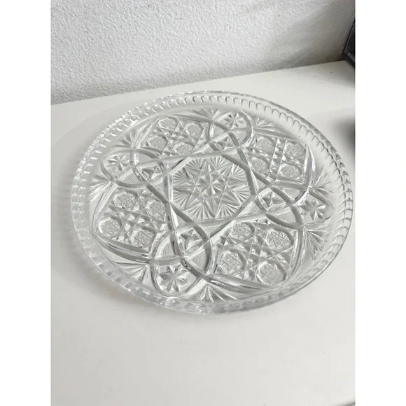 Vintage Heavy Cut Glass Round Platter Starburst Pinwheel Serving Tray 11.5 inch