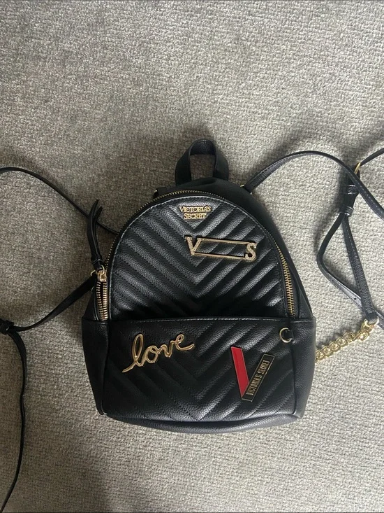 Victoria's Secret Black Quilted Mini Backpack with Gold Accents and Red Detail