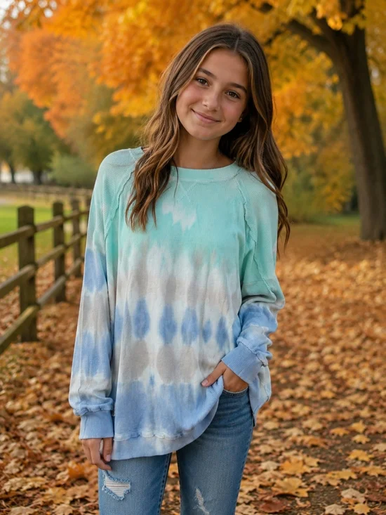 Simply Southern Girls' Tie-Dye Long Sleeve Top - Aqua & Light Blue