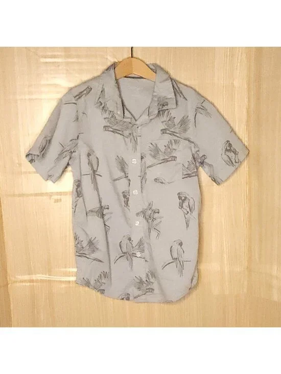 Cat & Jack Boys Grey Bird Print Short Sleeve Button Down Shirt 6-7