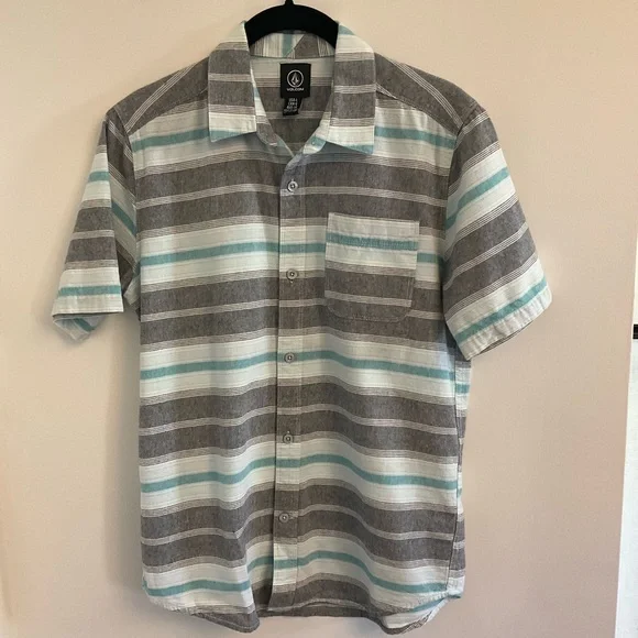 Volcom Boys L Gray and Aqua Striped Short Sleeve Button-Up Shirt