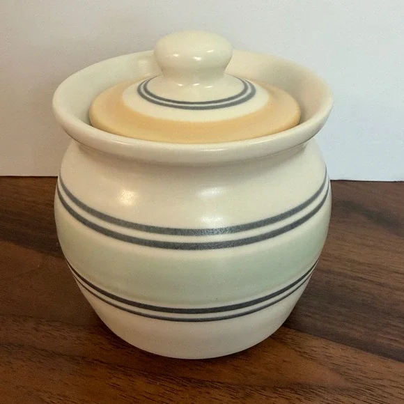 Pfaltzgraff Village Stoneware Sugar Bowl with Lid Cream Blue Banded Farmhouse