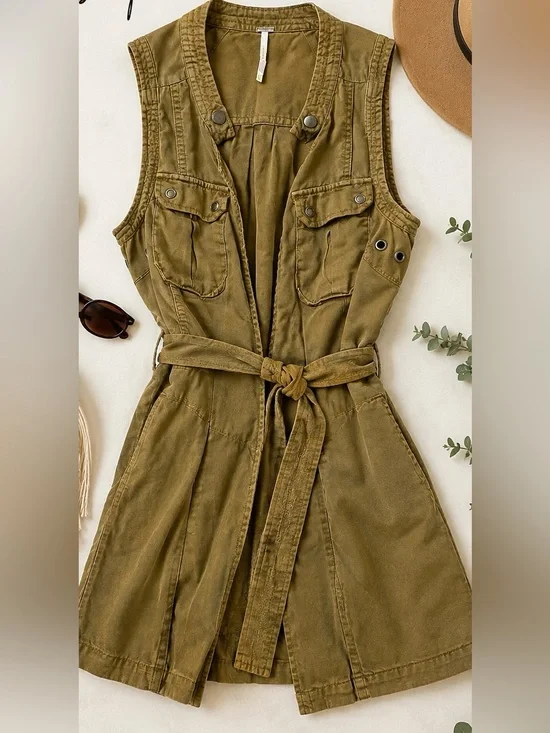 Free People Vintage Y2K Olive Tencel Belted Utility Cargo Vest