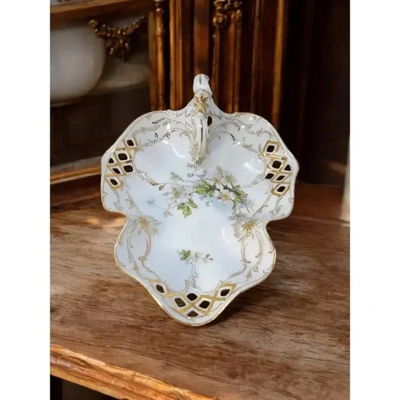 Antique CT Carl Tielsch White Dogwood Gold Gilded Serving Dish With Handle