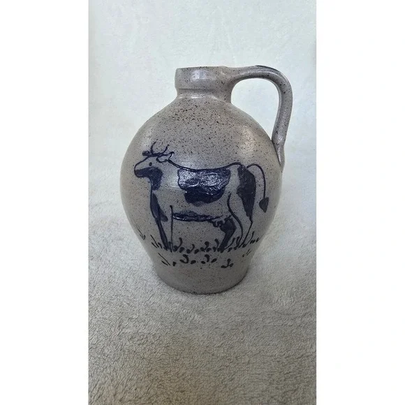 Rockdale Union Stoneware 1989 Cow Cobalt Blue Salt Glaze Jug Cambridge Wisconsin