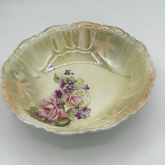 Vtg German Lusterware Porcelain Serving Bowl Yellow Cabbage Rose Grannycore‎