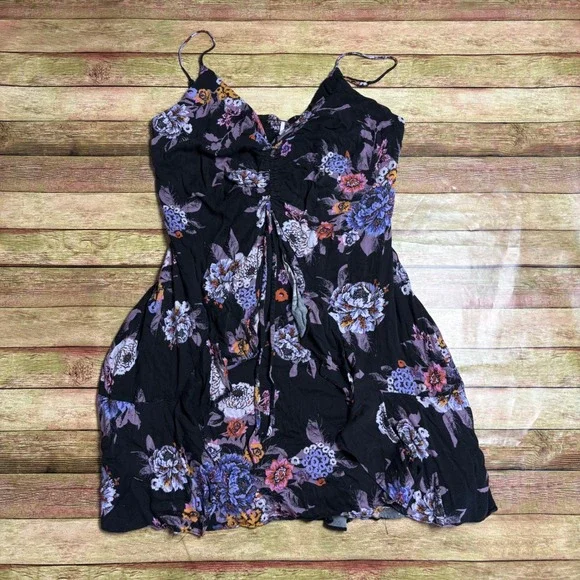 Free People Happy Heart Floral Smocked Mini Dress Black Purple Size Large L