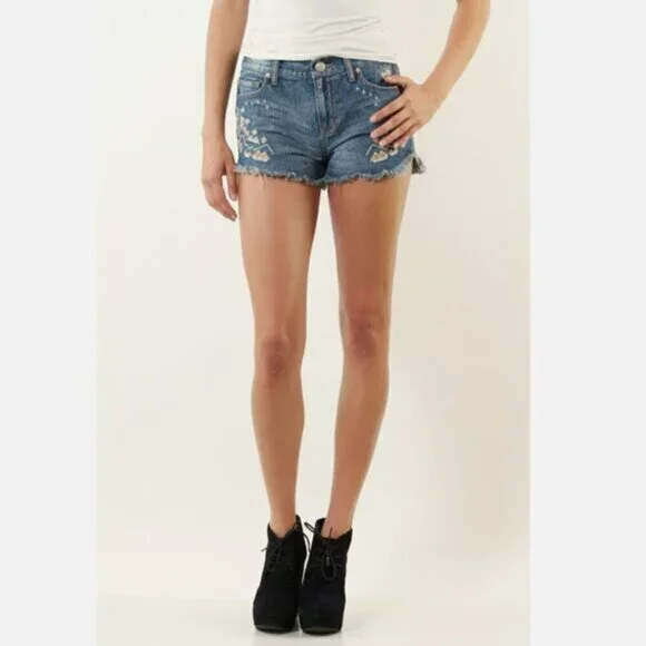 Free People Tulum Embroidered Raw Hem Denim Shorts size 25