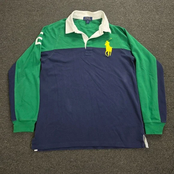 Polo Ralph Lauren Rugby Shirt Kids XL 18-20 Green Navy Blue Big Pony Graphic 2