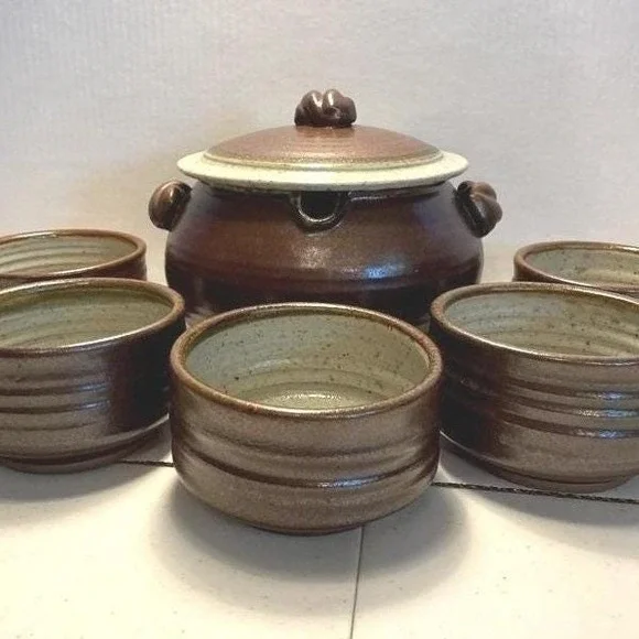 Studio Soup Tureen Lid 5 Bowls Pottery Clay Brown Gray‎ Artisan Signed