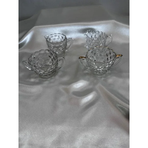 Fostoria‎ American Clear Glass 2 Cream and Sugar Sets Cube Pattern