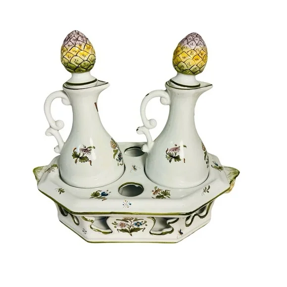 Fontaine‎ Moustiers Du Faiencier Feret Oil Vinegar Set Cruet Caddy Mulsum France