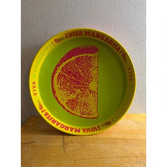 Viva Margarita Metal Serving Tray Neon Pop Art Lime Wedge Round Tin Barware 13in