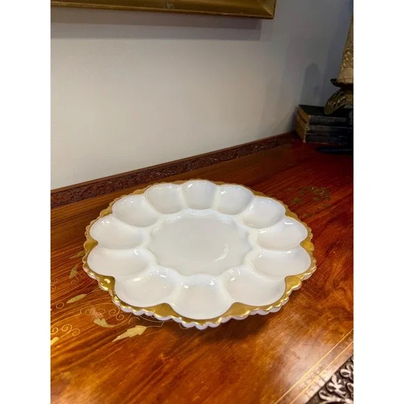 Vintage Milk Glass‎ Deviled Egg Platter • Scalloped Gold Trim Serving Tray