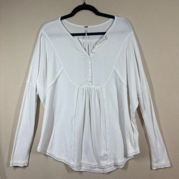 Free People Leo Henley Waffle Knit Oversized Tee Womens Med White Casual Slouchy