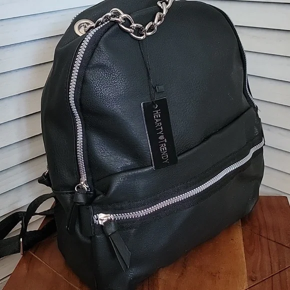 NWT Hearty Trendy Black Matte Backpack w/ Silver Chain Detail