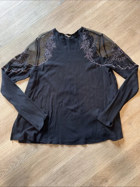 FREE PEOPLE Daniella Floral Embroidered Mesh Long Sleeve Knit Top Blouse