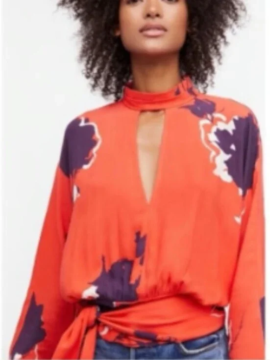 Free People Coral Floral Tie-Waist Mock Neck Keyhole Dolman Sleeve Blouse M