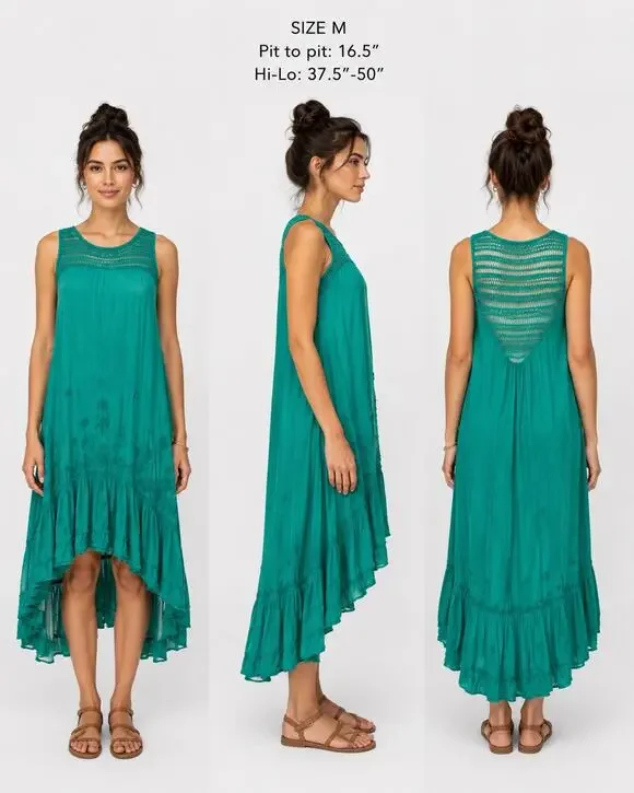 Free People Long Crochet Dress with Tiers Emerald Green Size M Coastal Cowgirl