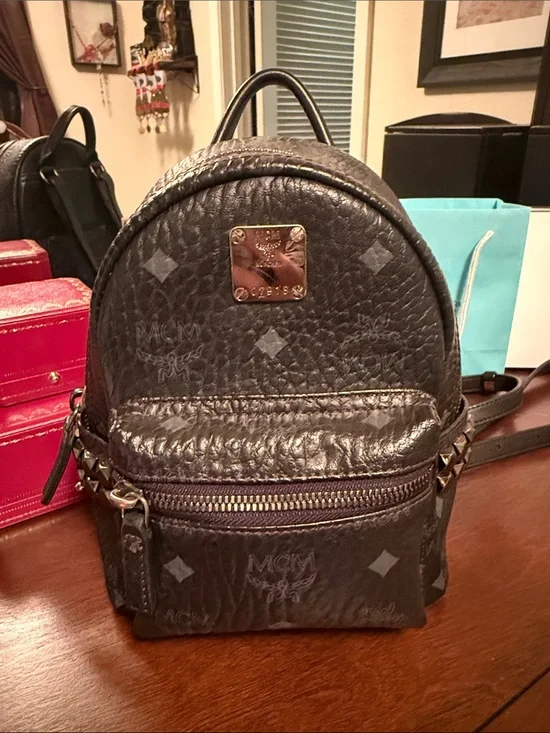 MCM Black Logo Leather Mini Backpack with Gold Plaque