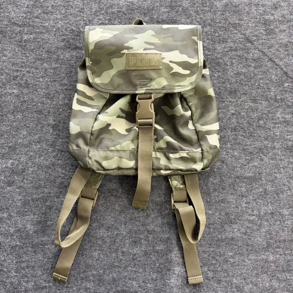 Victorias Secret PINK Mini Backpack Camo Green Canvas Buckle Flap Drawstring Bag