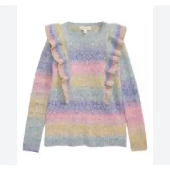 Tucker + Tate Rainbow Stripe Ruffle Shoulder Sweater - Size 6
