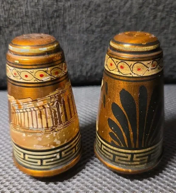 Copper Salt & Pepper Shakers Set Painted Hand Made Ancient Greek Pattern Vtg