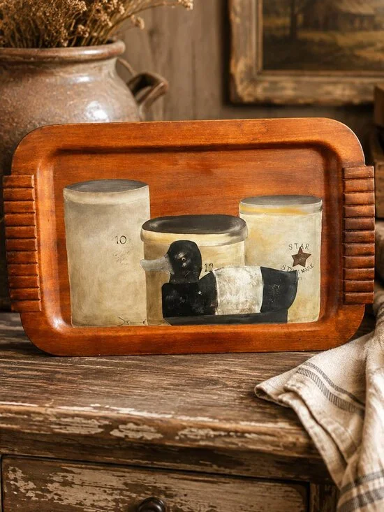 Vintage Haskelite Primitive Hand Painted Americana Folk Art Wooden Serving Tray
