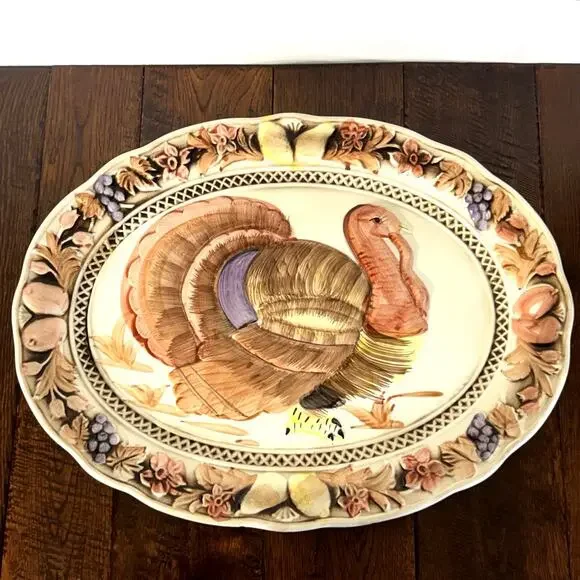 Vintage Lefton Hand Painted Turkey Platter | Ceramic Thanksgiving Serving Tray