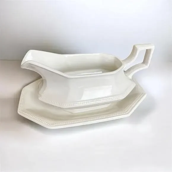 Johnson Bros Ironstone Gravy Boat w Underplate England White Farmhouse Cottage