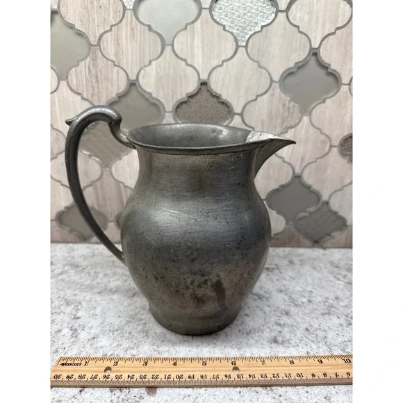 Antique Pewter Pitcher 3444 Hallmarked Primitive Farmhouse Decor 8 Inch Silver