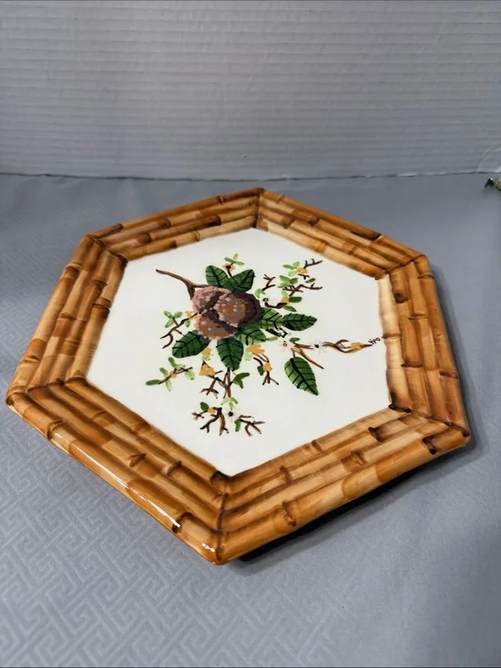 Vtg Mariposa Xanadu Faux Bamboo Octagonal Ceramic Luncheon Plate  Hand Painted