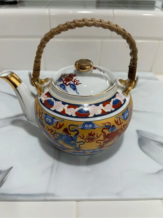 Decorative Porcelain Teapot with Woven Handle - Yellow, Blue, Red