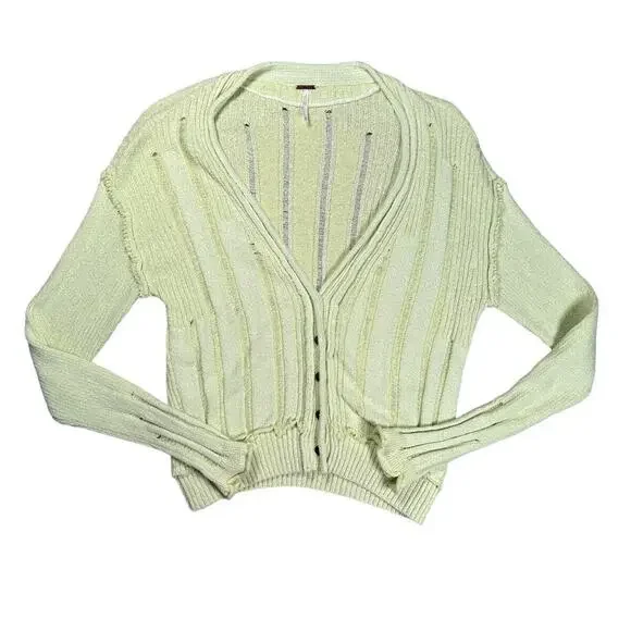 Free People Stevie Distressed Cardigan XS Lime Green Slouchy Cropped Sweater