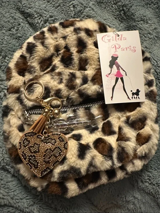 Gilda Paris Leopard Faux Fur Mini Backpack with Heart Keychain - Brown/Cream