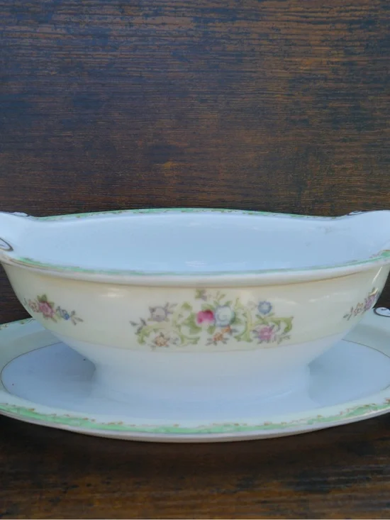 Noritake White Gravy Boat with Green Trim and Floral Band