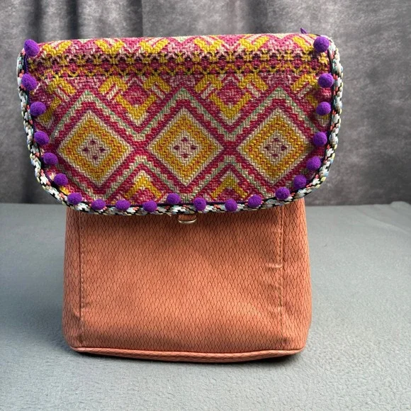 Boho Mini Backpack Terracotta Faux Leather Woven Geometric Pom Pom Trim Pink