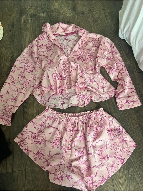 Free People Pink Floral Ribbon Print Pajama Set