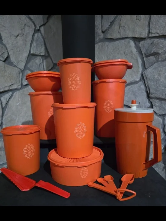 Orange Vintage Plastic Storage Canister Set with Pitcher & Measuring Spoons, Etc