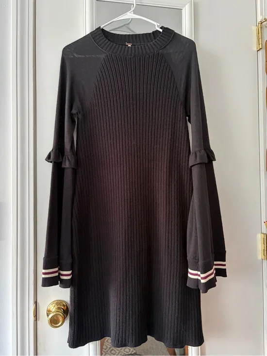 Free People Black Ribbed Long Sleeve Dress with Ruffle Cuffs
