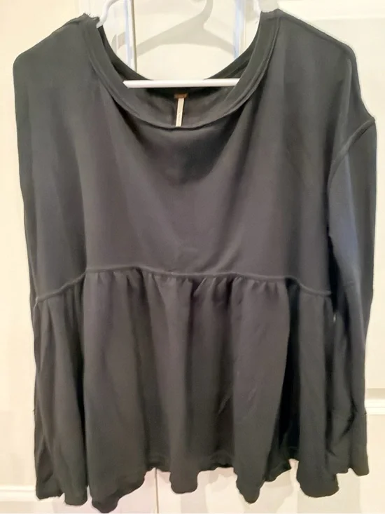 Free People-Black Smocked Peplum Long-Sleeve Top
