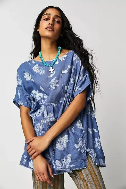 Free People Top Moon City Printed Tee Floral Boho Babydoll Linen Blue Size XS