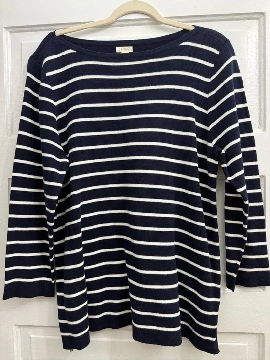 J. Crew Navy and White Striped Boatneck Long Sleeve Top