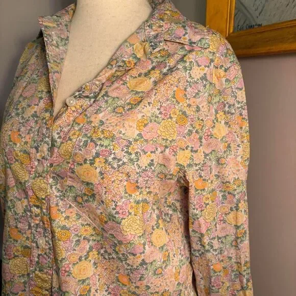 J.Crew x Liberty Fabric collab floral button up shirt pink, yellow, and green si