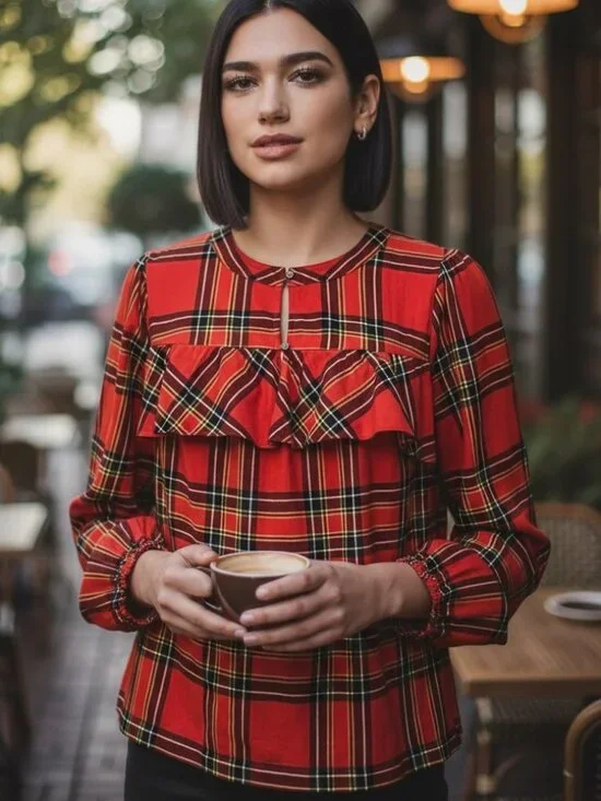 J.Crew Women's Blouse S Red Plaid Tartan Ruffle Neck Long Sleeve Cotton Holiday