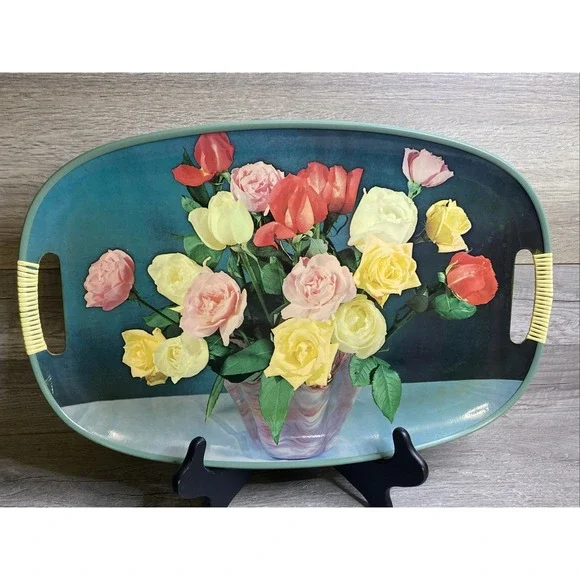 Vintage Serving Tray MCM Roses Vase Wrapped Handles Made In Japan Decorative