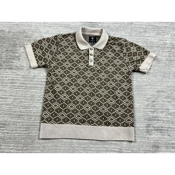 Craft + Flow Knit Polo Boys M Taupe Branson Geometric Diamond Sweater